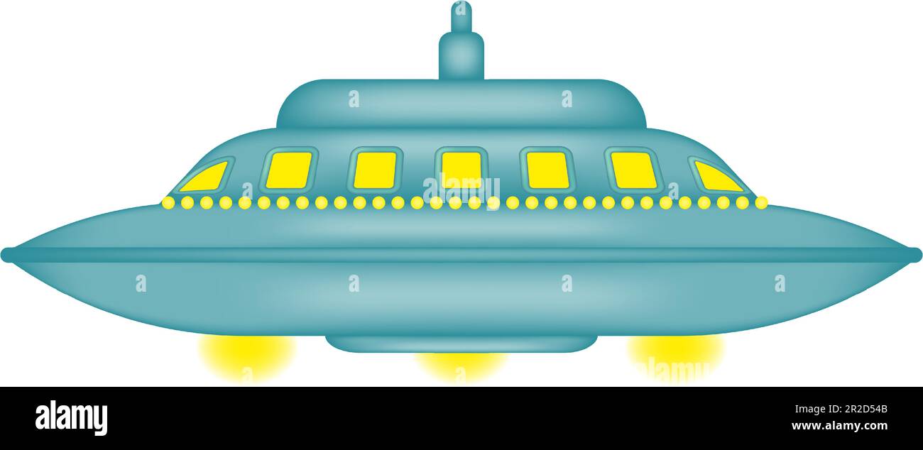 Eigenartige, isolierte Cartoon-Untertasse. UFO-Tag. UFO mit hellgelben Lichtern. Fantastisches Außerirdisches Raumschiff. Vektordarstellung. Stock Vektor