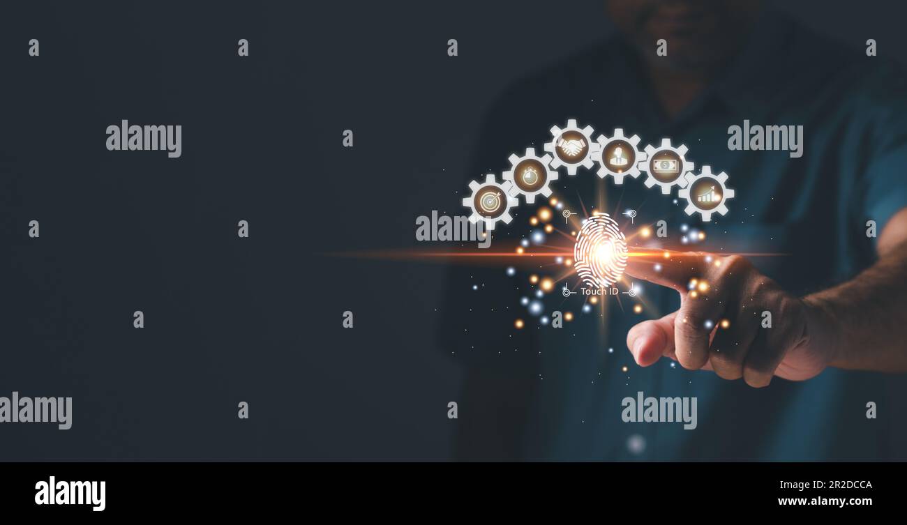 Berühren Sie ID Login to Internet Network Security Technology. Geschäftsmann, der sich mit ID anmeldet, um persönliche Daten über virtuelle Bildschirmoberflächen zu schützen Stockfoto