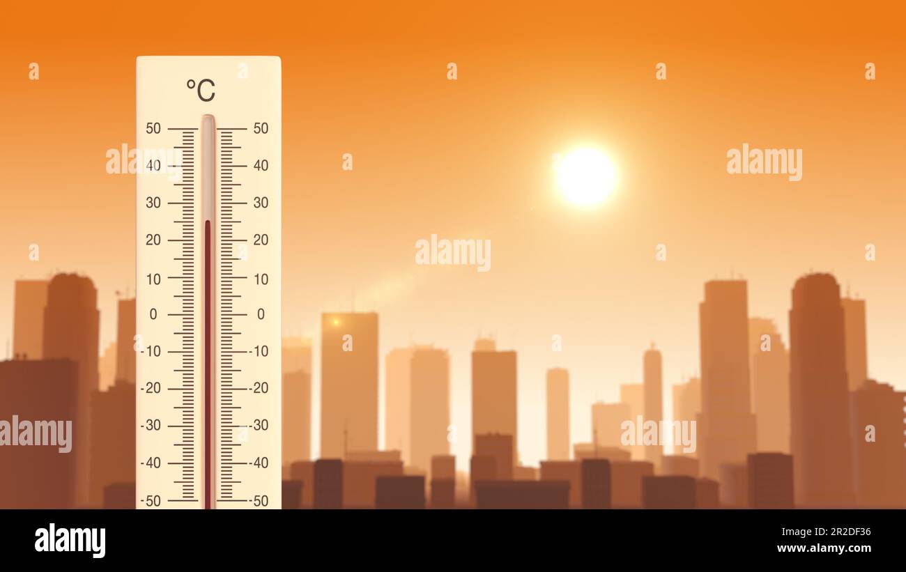 Global Warming Background mit Thermometer Stockfoto