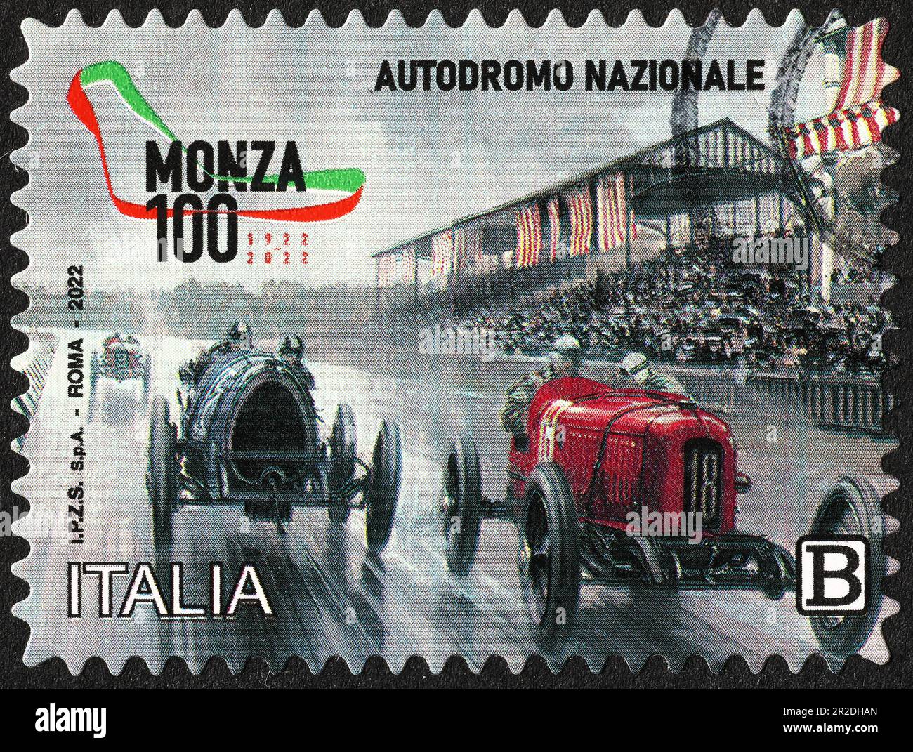 Hundertjährige Rennstrecke in Monza, die auf italienischer Briefmarke gefeiert wird Stockfoto