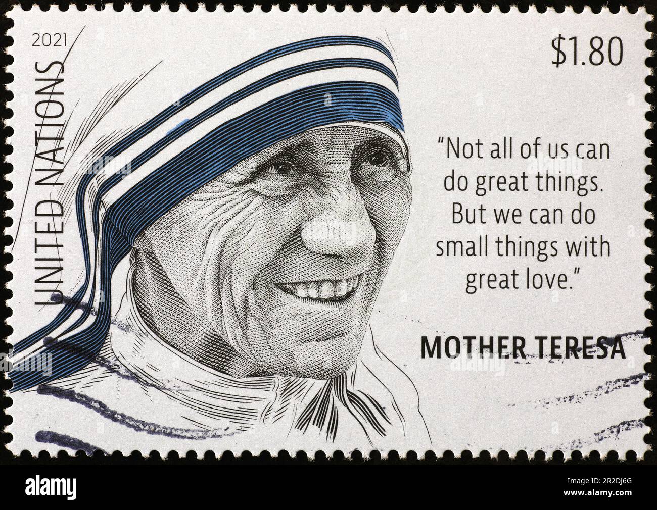 Porträt von Mutter Teresa auf Briefmarke der Vereinten Nationen Stockfoto