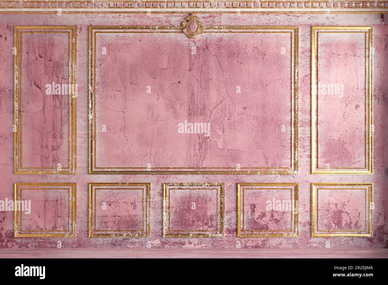 Klassische Wand aus altgoldenen Stuckplatten in Rosa Farbe Stockfoto