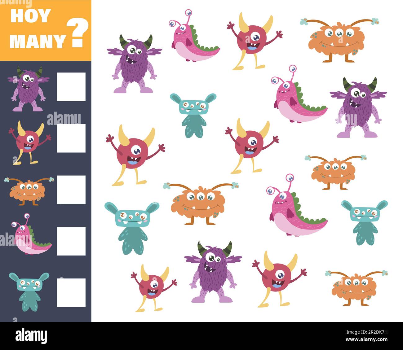 Zählspiel für Vorschulkinder. Mathematikspiel. Zählen Sie, wie viele Monster es gibt Stock Vektor