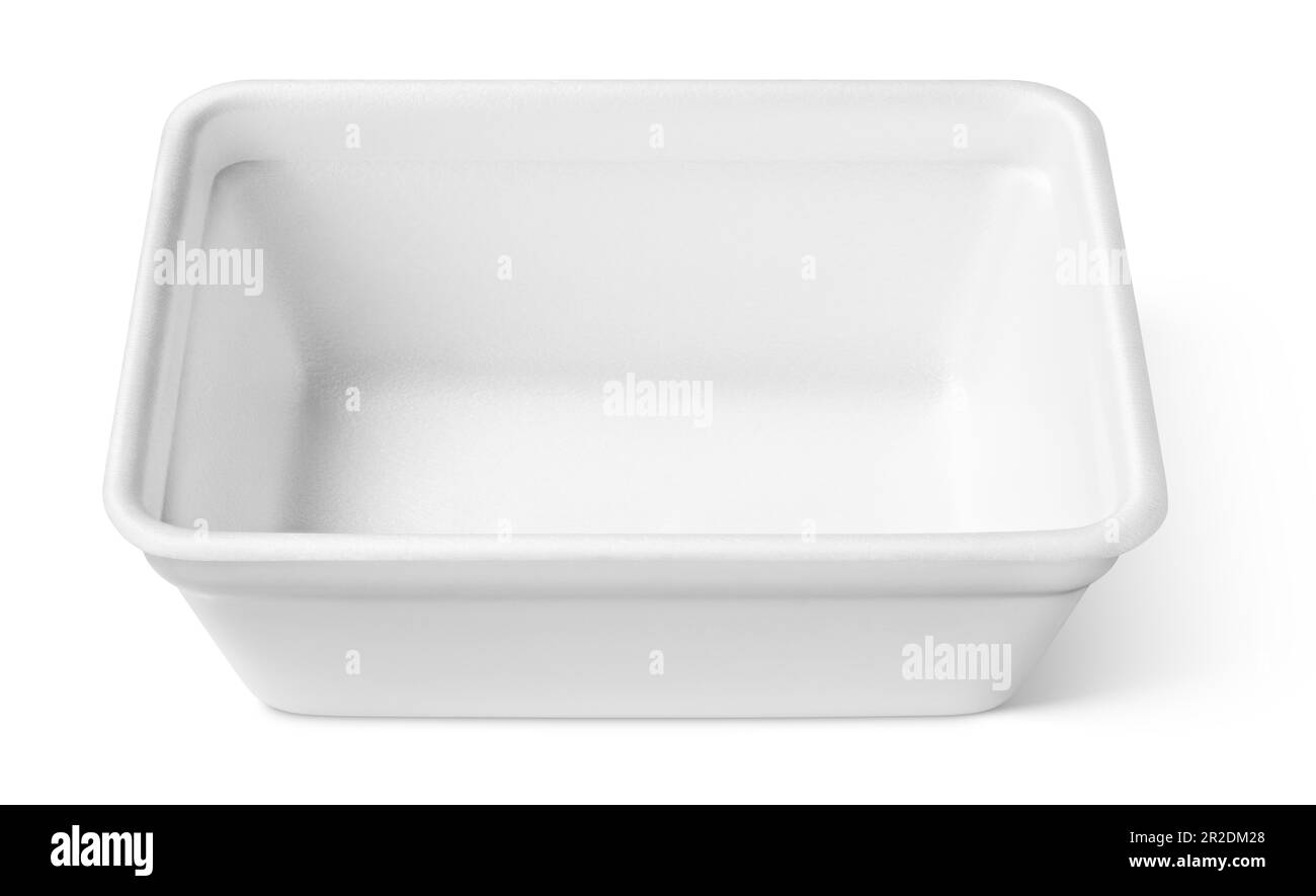 Weiße Kunststoffplatte oder Styropor-Lebensmittelbehälter, isoliert auf weißem Hintergrund mit Schnittpfad Stockfoto