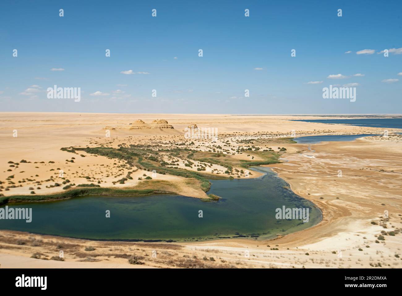 Panoramablick aus der Vogelperspektive über die abgelegene afrikanische ägyptische Wüstenlandschaft mit Oase, Salzsee und Pools Stockfoto