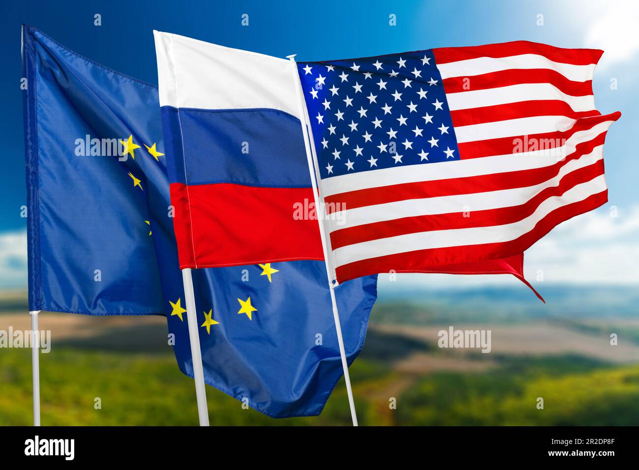 Russland, USA und EU-Flagge Stockfoto