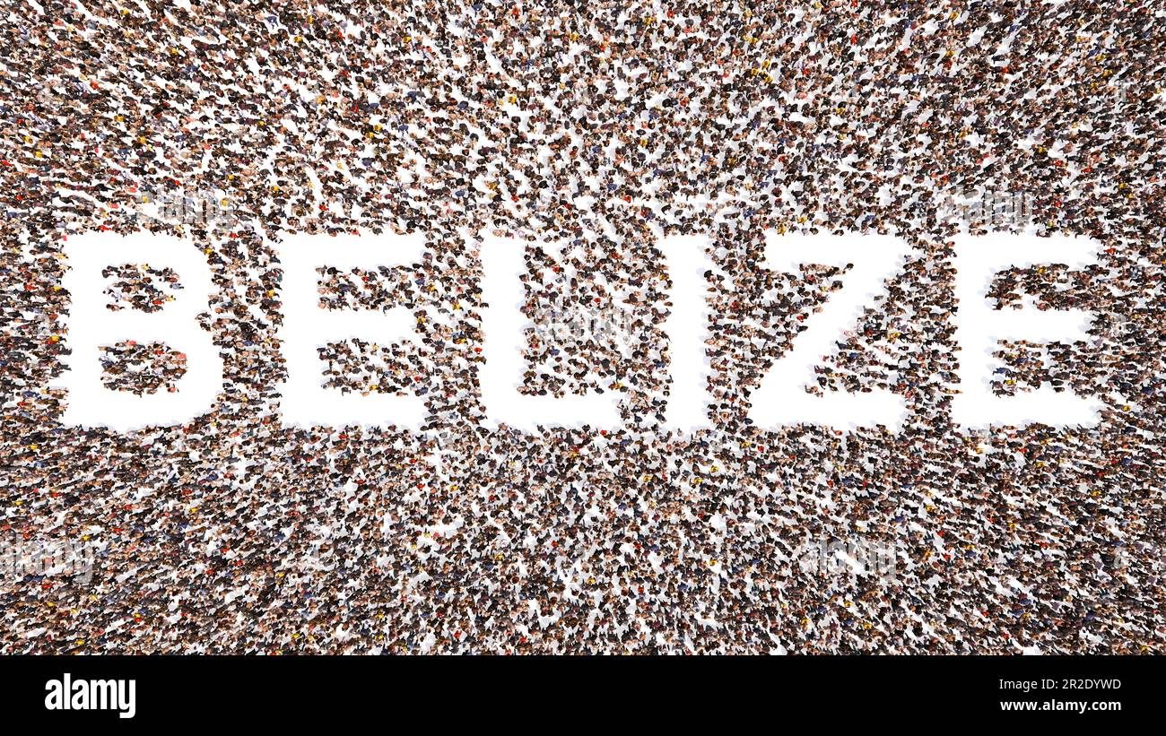 Konzeptbegriff große Gemeinschaft von Menschen, die das Wort BELIZE bilden. 3D Illustration Metapher für Kultur, Geschichte und Bildung, Politik, Wirtschaft Stockfoto