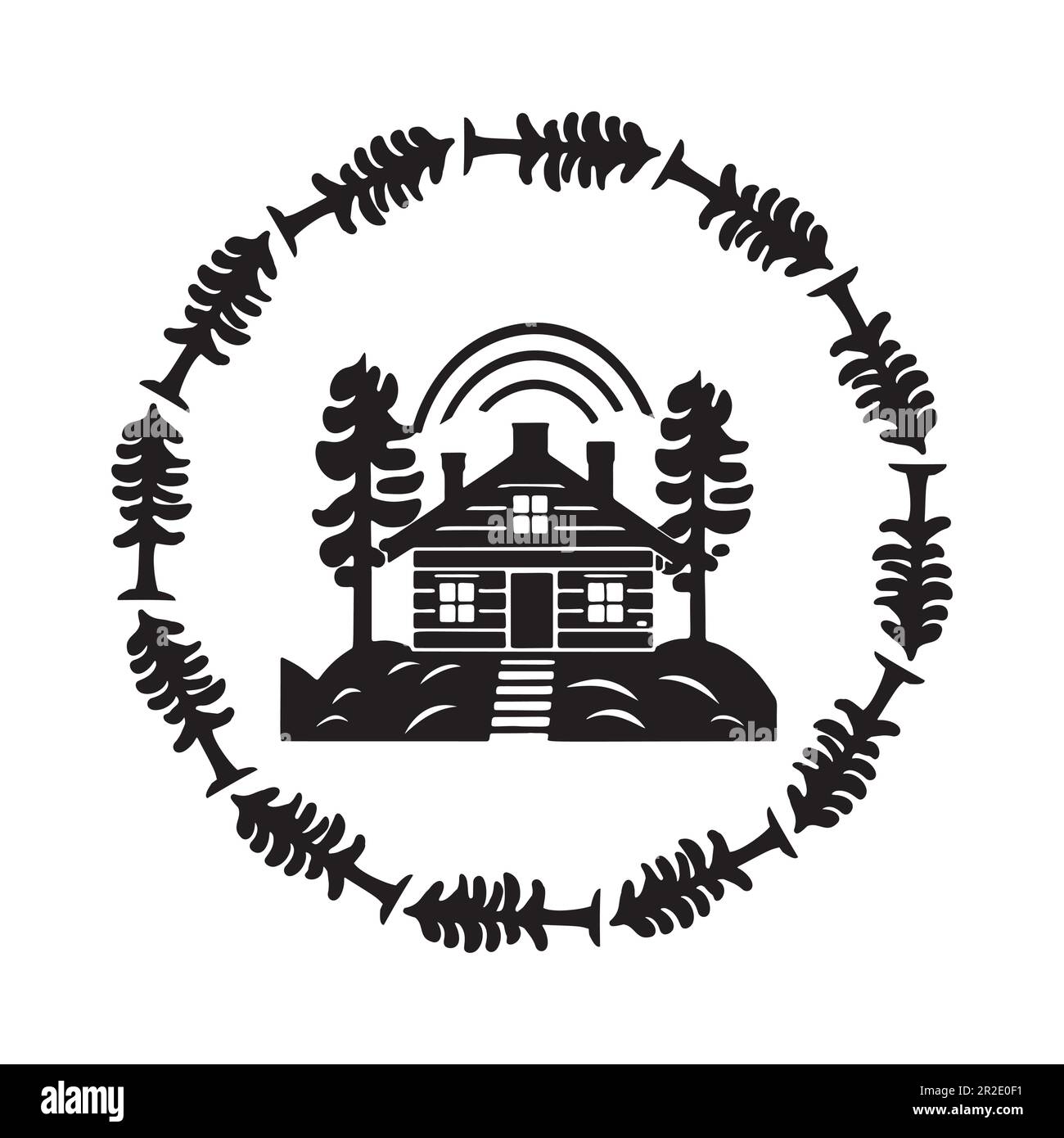 Holzkabine in scandi Linocut-Vektordarstellung. Alpenhütte im Landurlaub Dorf Cartoon. Stock Vektor