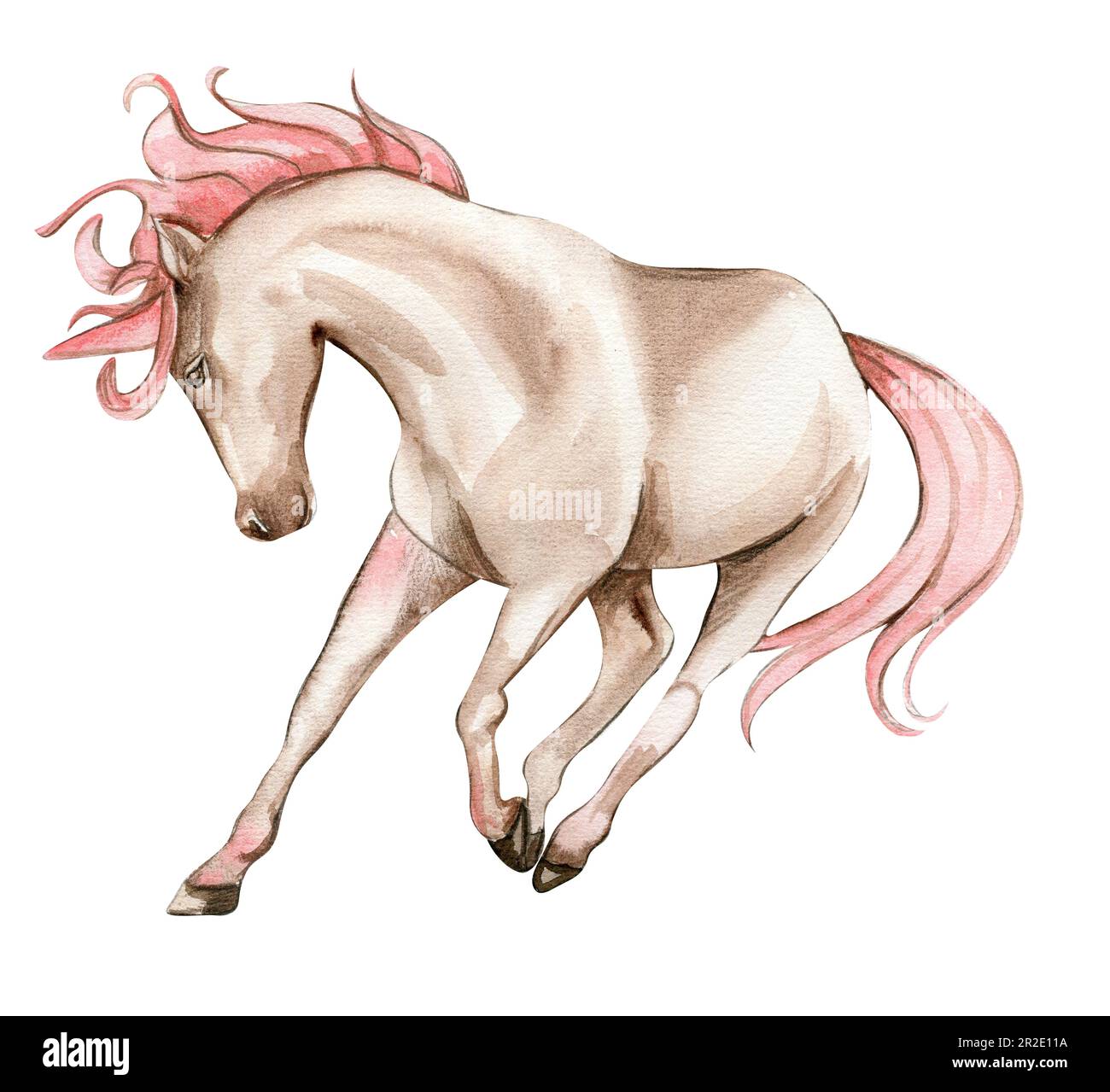 Schönes, süßes, weißes Einhorn mit rosa Flügeln. Pferd für Kinderzimmer, Babyparty, Einladung zur Geburtstagsparty. Handgezeichneter Jahrgang in Aquarell Stockfoto