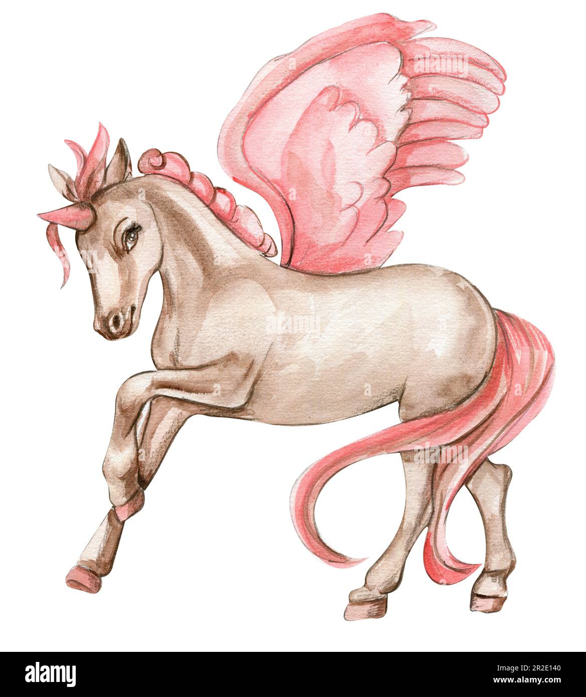 Schönes, süßes, weißes Einhorn mit rosa Flügeln. Pferd für Kinderzimmer, Babyparty, Einladung zur Geburtstagsparty. Handgezeichneter Jahrgang in Aquarell Stockfoto
