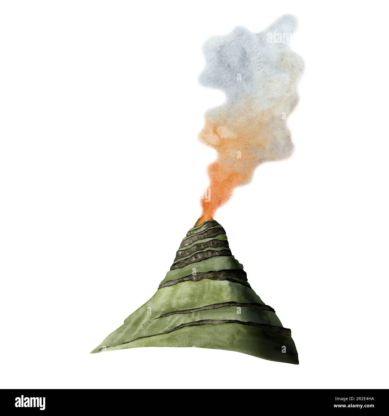 Aktiver Vulkan mit Rauch aus der Zeit der Dinosaurier, grüne Berge Illustration isoliert auf weißem Hintergrund in Orange, Blau und Braun Stockfoto