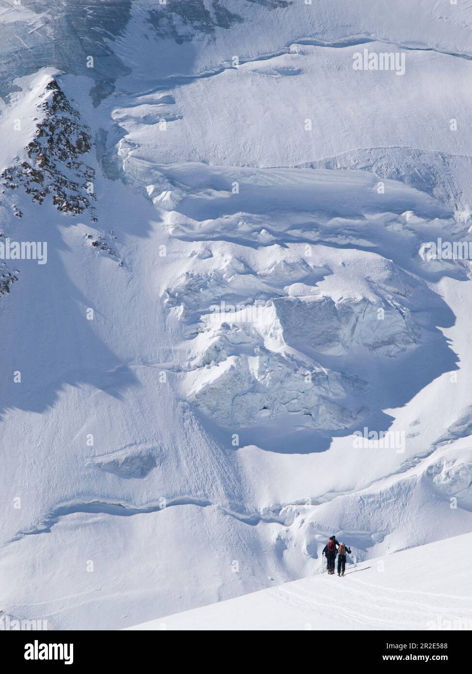 Eine kleine Gruppe von Skitourengehern spaziert über den Aletschgletscher, der vom Berg und den Gletschern im Hintergrund getränkt wird Stockfoto