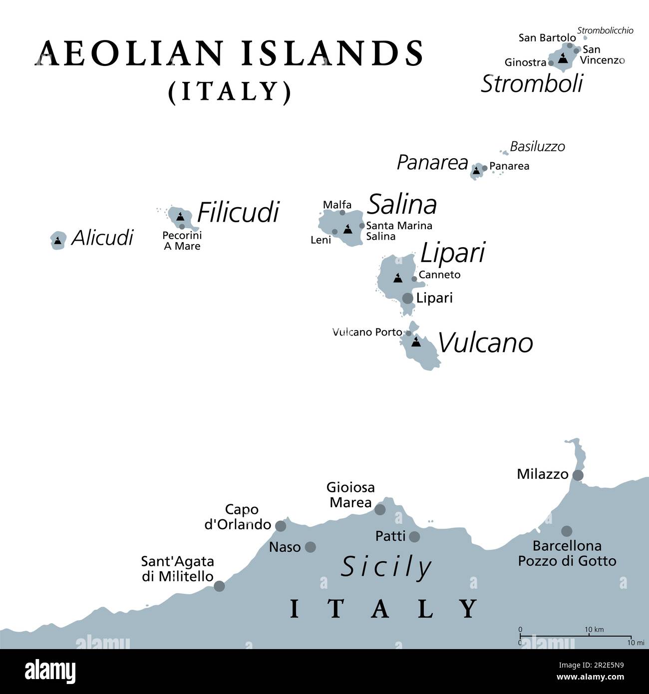 Äolische Inseln, graue politische Karte. Vulkanische Inselgruppe im Tyrrhenischen Meer nördlich von Sizilien, Italien. Auch Lipari-Inseln genannt. Stockfoto