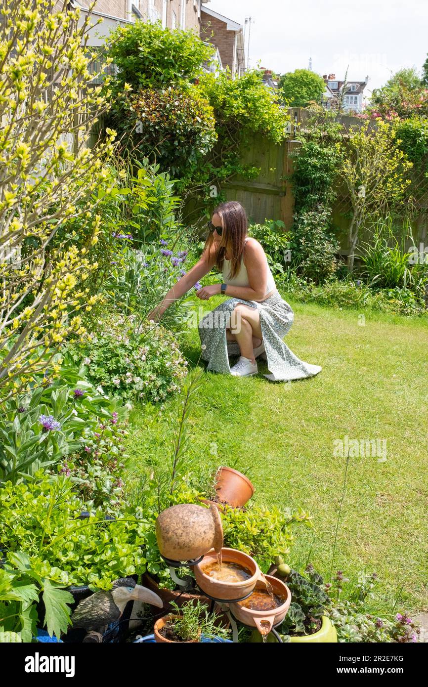 Junge Frau in ihren 30s, die in der Frühlingssonne einen kleinen städtischen Garten pflegt Stockfoto