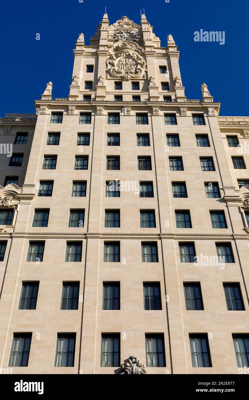 Spanien, Madrid, das Telefonica-Gebäude, das 1930 in 89 Metern fertiggestellt wurde und einer der ersten Wolkenkratzer in Europa war Stockfoto