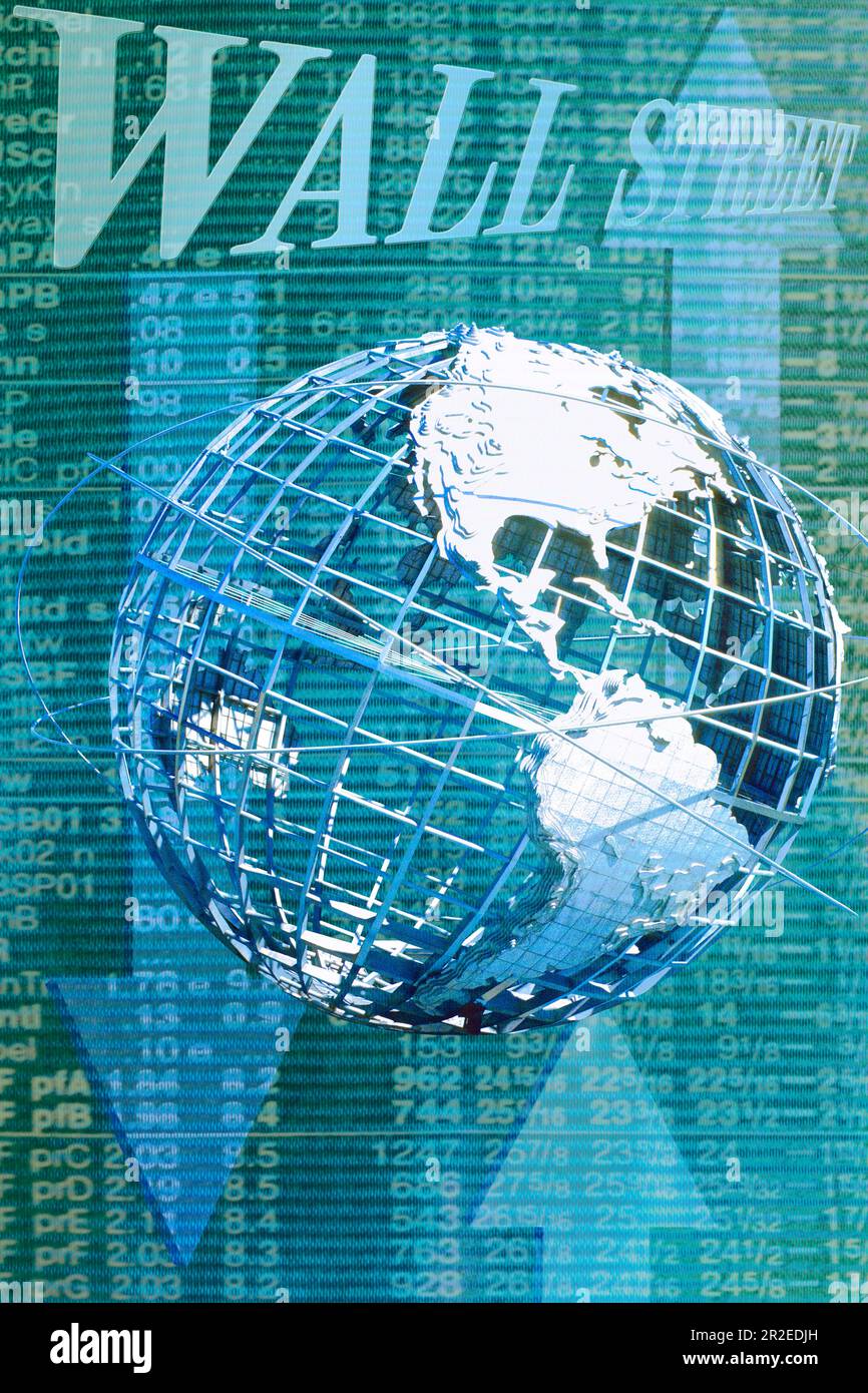 Wall Street Börsendaten, Weltkugel, Pfeile nach oben und unten. Börsennotierungen. Global Economy New York Stock Exchange U.S. Stock Market USA Stockfoto