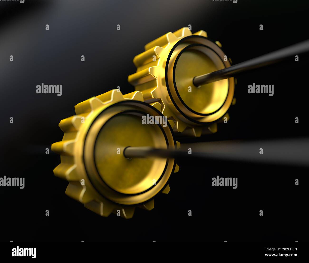 Goldmetall-Zahnradmechanismus für Geschäfts- und unternehmerische Prozesse.Prozessverbesserungskonzept.3D-Darstellung. Stockfoto