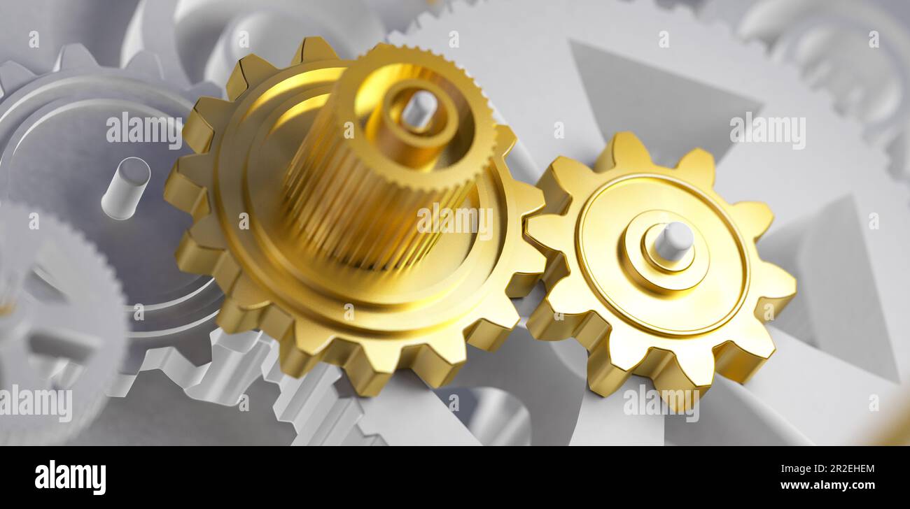 Goldmetall-Zahnradmechanismus für Geschäfts- und unternehmerische Prozesse.Prozessverbesserungskonzept.3D-Darstellung. Stockfoto