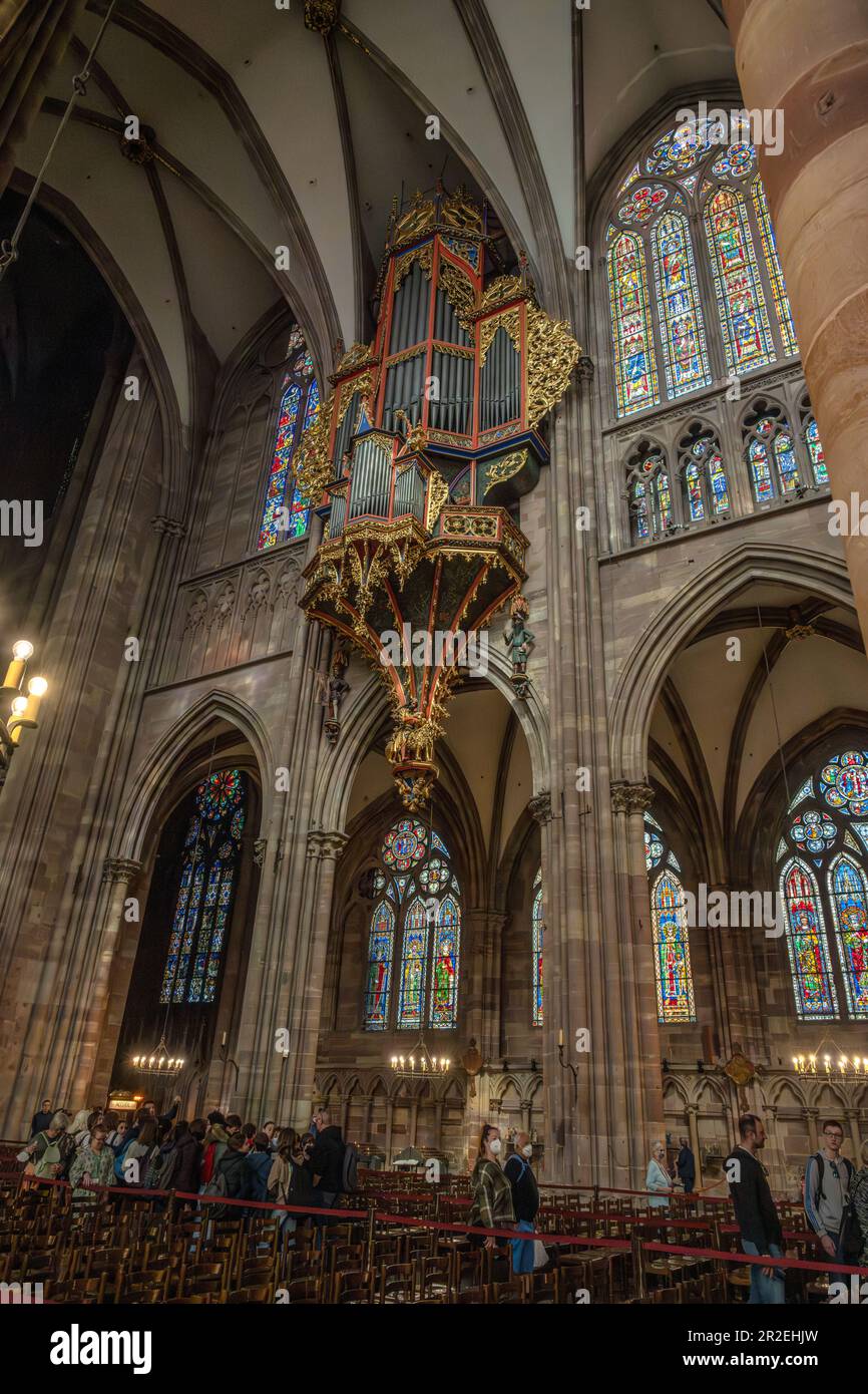 Orgel und Inneneinrichtung, Kathedrale Notre Dame, Straßburg Stockfoto