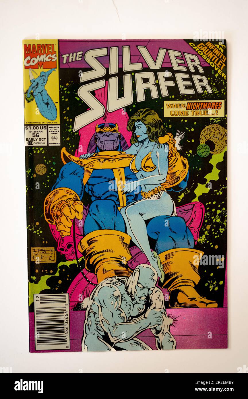 Calgary, Alberta - 17. Mai 2023: Titelseiten von Marvel Silver Surfer-Comics. Stockfoto
