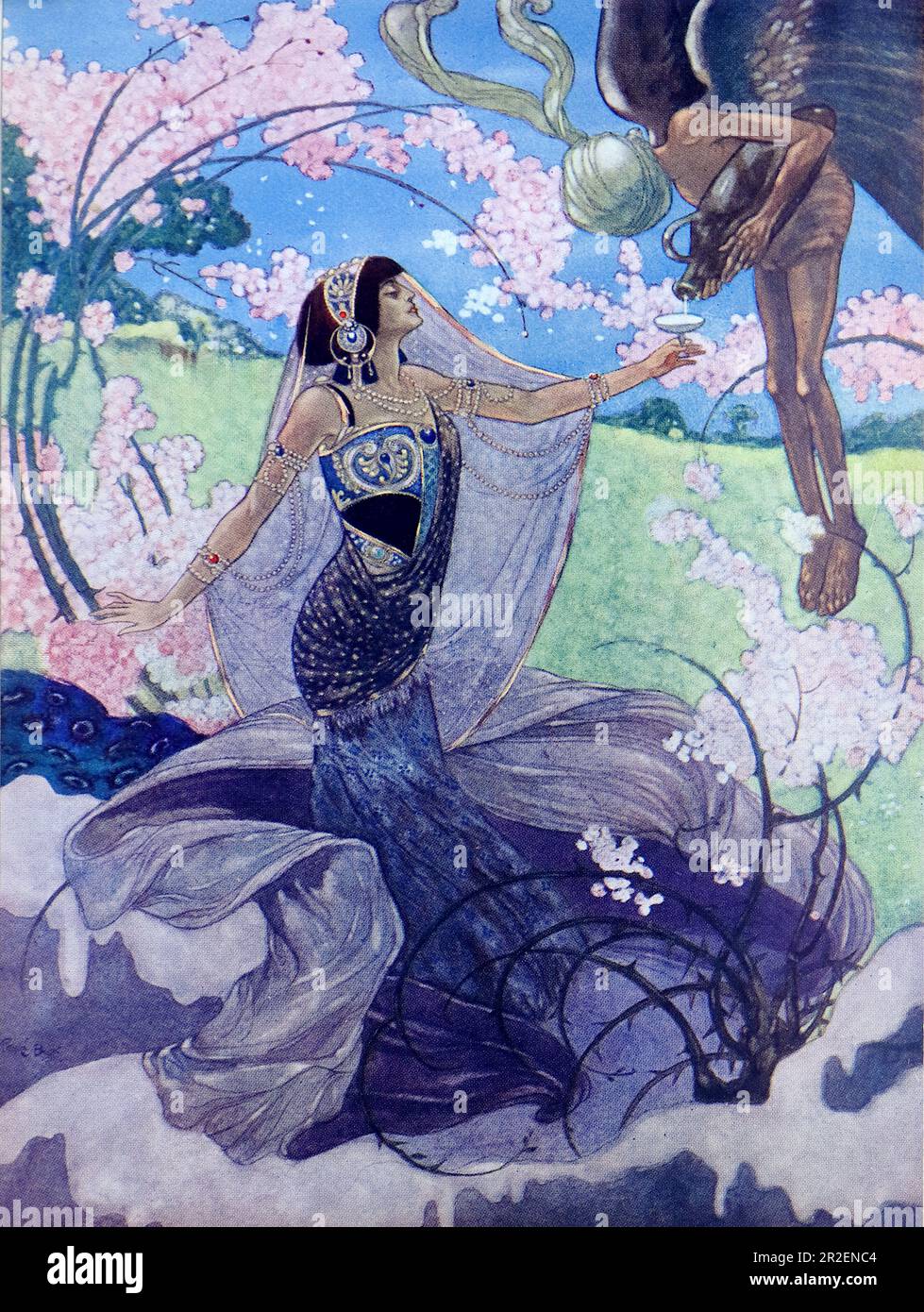 Von Rene Bull Farbe: Eine Dame in fließenden Kleidungsstücken, die ein Glas hält, das von einem Engel mit einer großen Urne gefüllt wird. Aus Richtung Rubaiyat von Omar Khayyam: Stockfoto