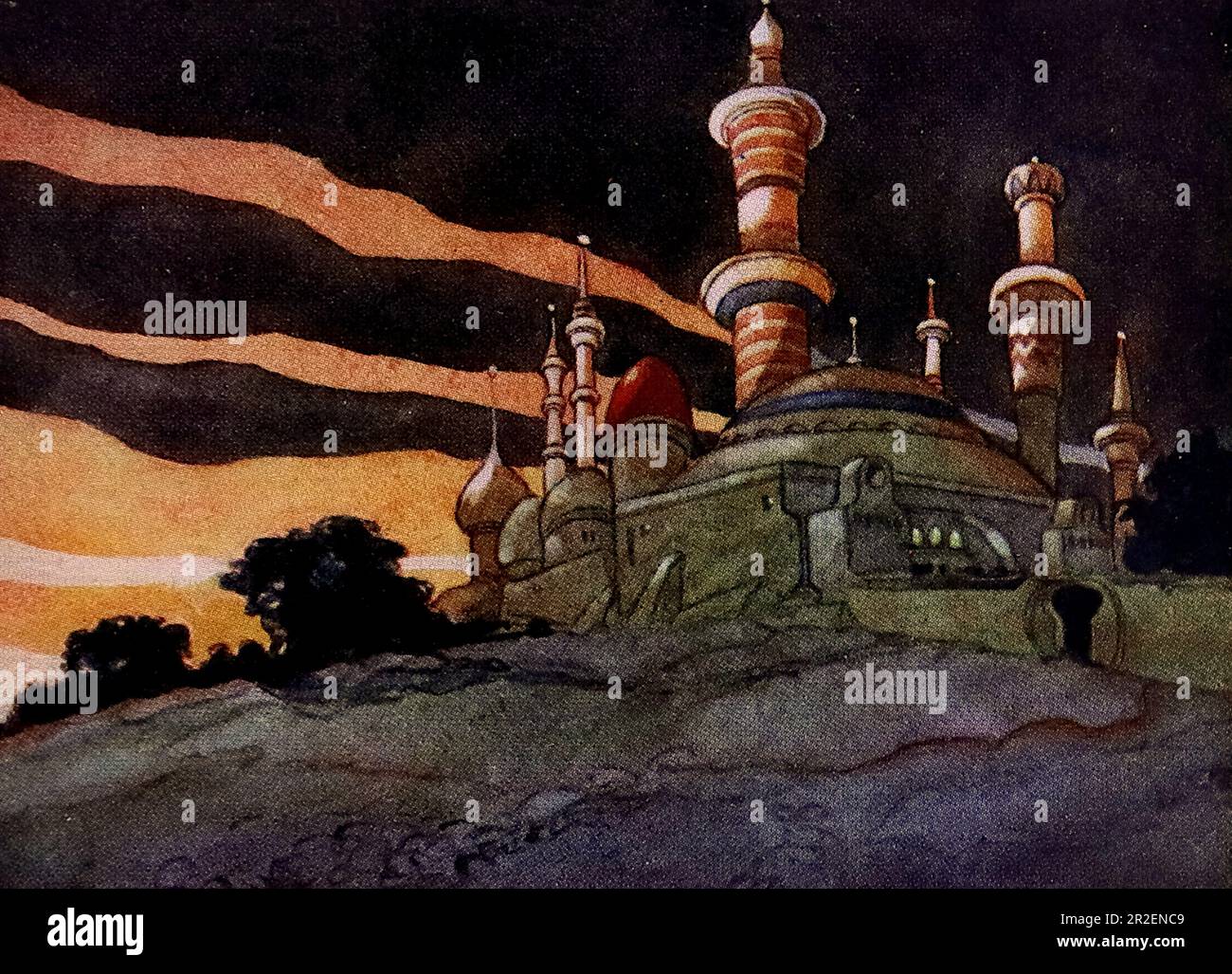 Von Rene Bull Farbe: Ein Schloss des Sultans mit hohen Türmen. Aus Richtung Rubaiyat von Omar Khayyam. Stockfoto