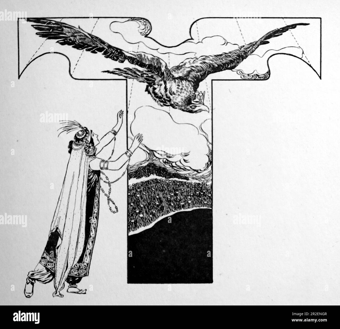 Von Rene Bull Strichzeichnung einer Dame mit einem großen Adler wie ein Vogel – der Vogel trägt eine Krone. Aus Richtung Rubaiyat von Omar Khayyam. Stockfoto