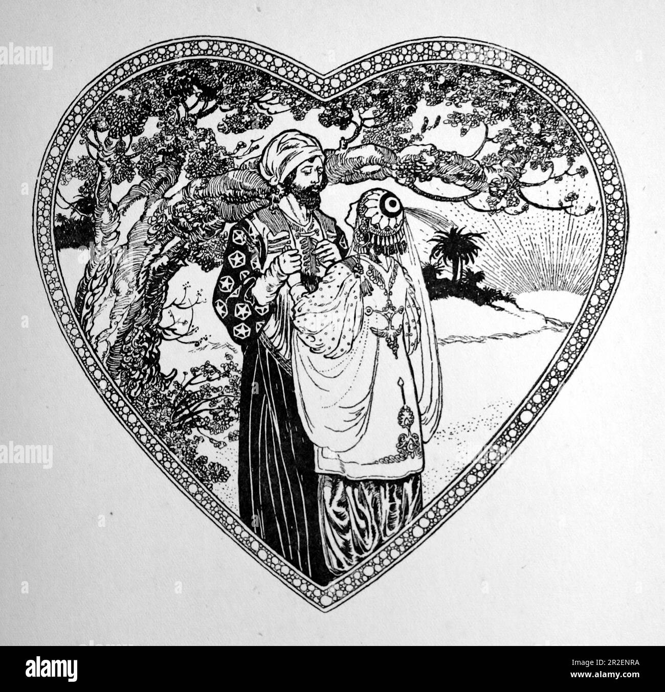 Von Rene Bull Strichzeichnung eines Mannes und einer Frau in einem herzförmigen Rahmen neben einem überhängenden Baum. Aus Richtung Rubaiyat von Omar Khayyam. Stockfoto
