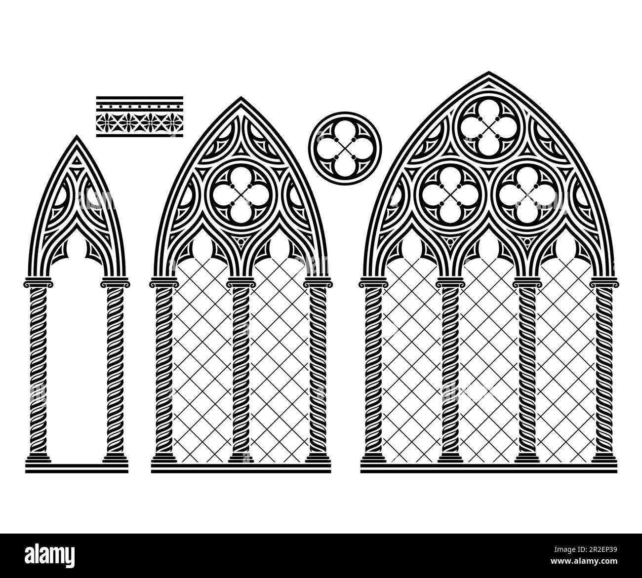 Mittelalterliche gotische Buntglaskathedrale mit Fenstern Stock Vektor