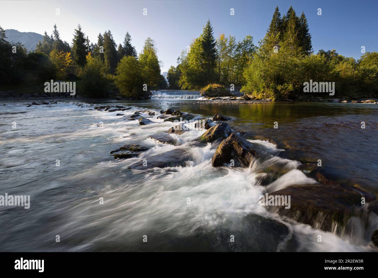 Ursprung des Iller, Zusammenfluss von Trettach, Stillach und Breitach, in der Nähe von Oberstdorf, Allgäu, Bayern, Deutschland Stockfoto