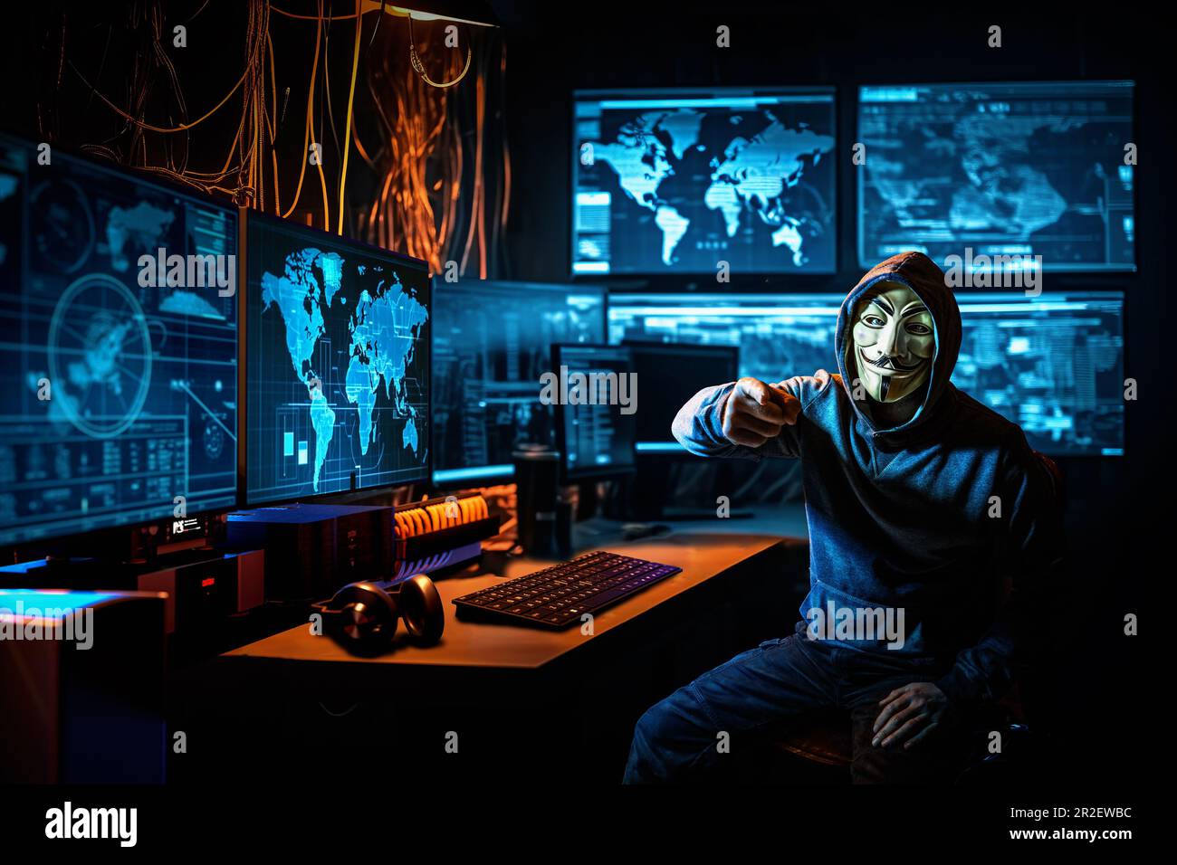 Hacker mit anonymer Maske in einem Raum voller Computer Stockfoto