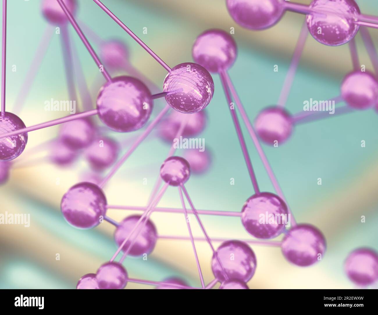 Naturwissenschaftlich-medizinischer Hintergrund mit Molekülen und Atomen. Molekulare Strukturen. 3D-Darstellung des Molekülmodells. Stockfoto