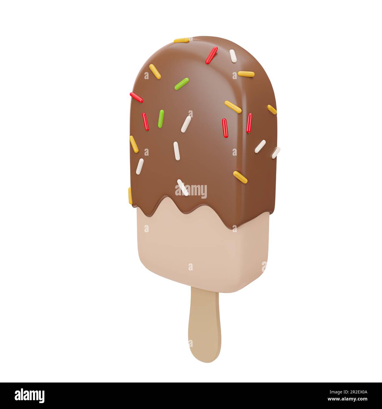 3D Stück Eis am Stiel mit Schokoladeneis und Streusel. Fast Food, süßes ...