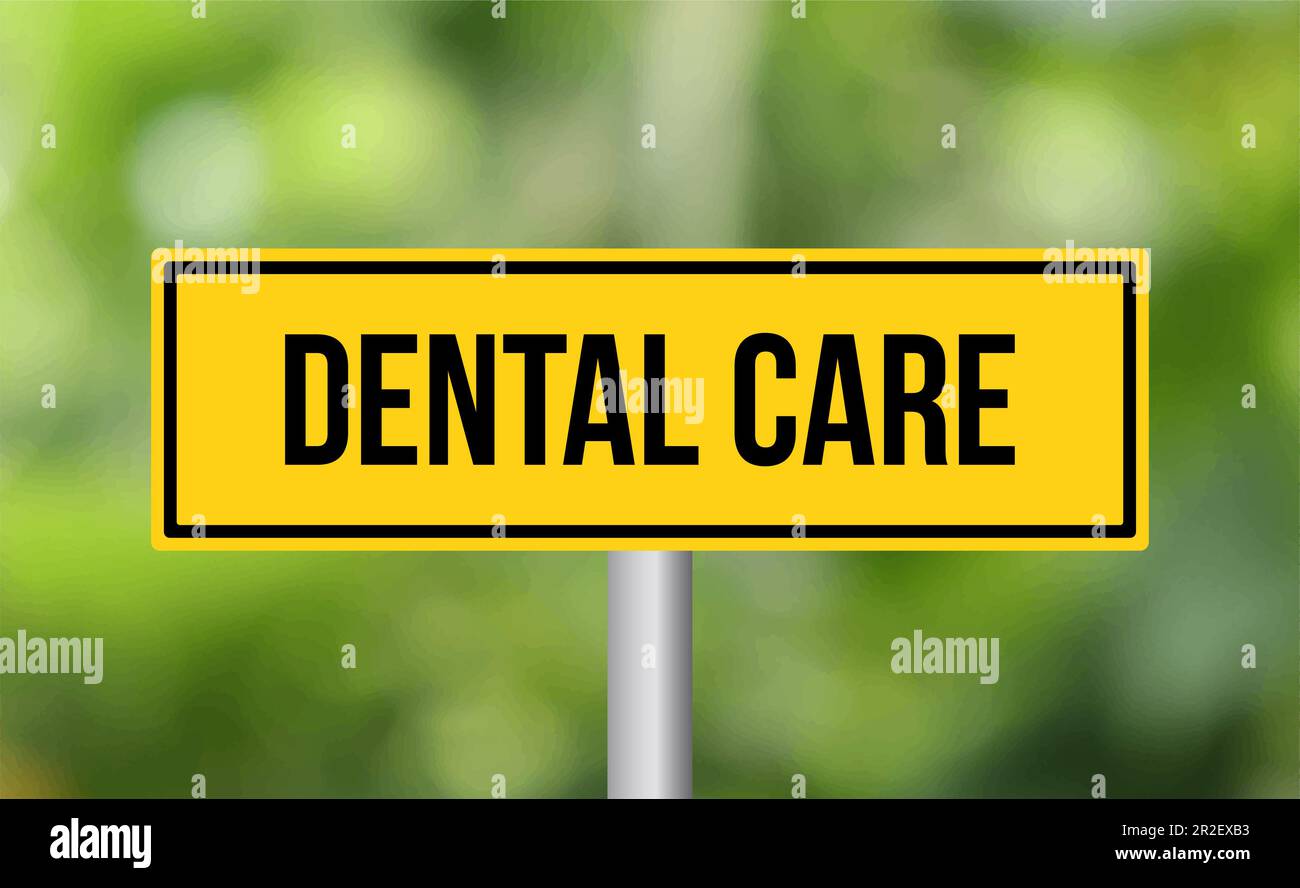 Zahnpflegefahrenschild auf verschwommenem Hintergrund Stockfoto