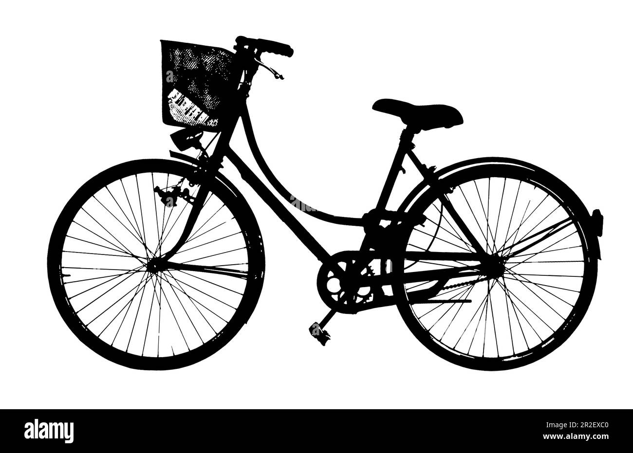 Schwarze Silhouette eines alten weiblichen Fahrrads mit Korb auf weißem Hintergrund für einfache Auswahl. Stockfoto