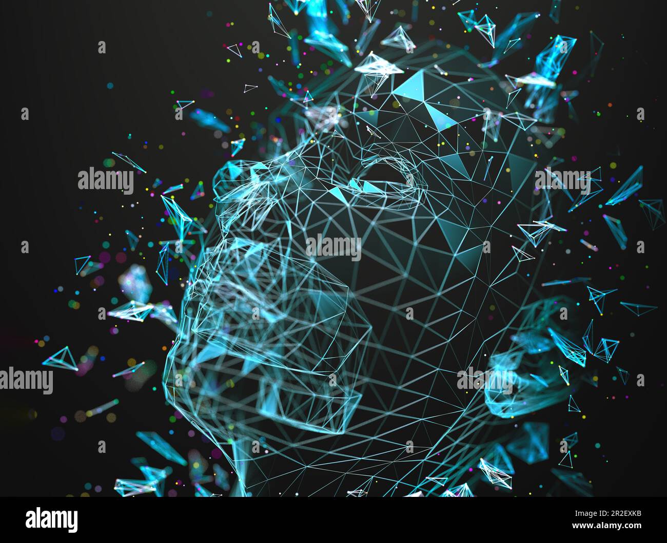 Abstrakter Hintergrund von Cyborg-Gesicht und Technologie. Big Data und Lernmaschine. Algorithmenprogrammierung und künstliches Intelligenzkonzept. Stockfoto
