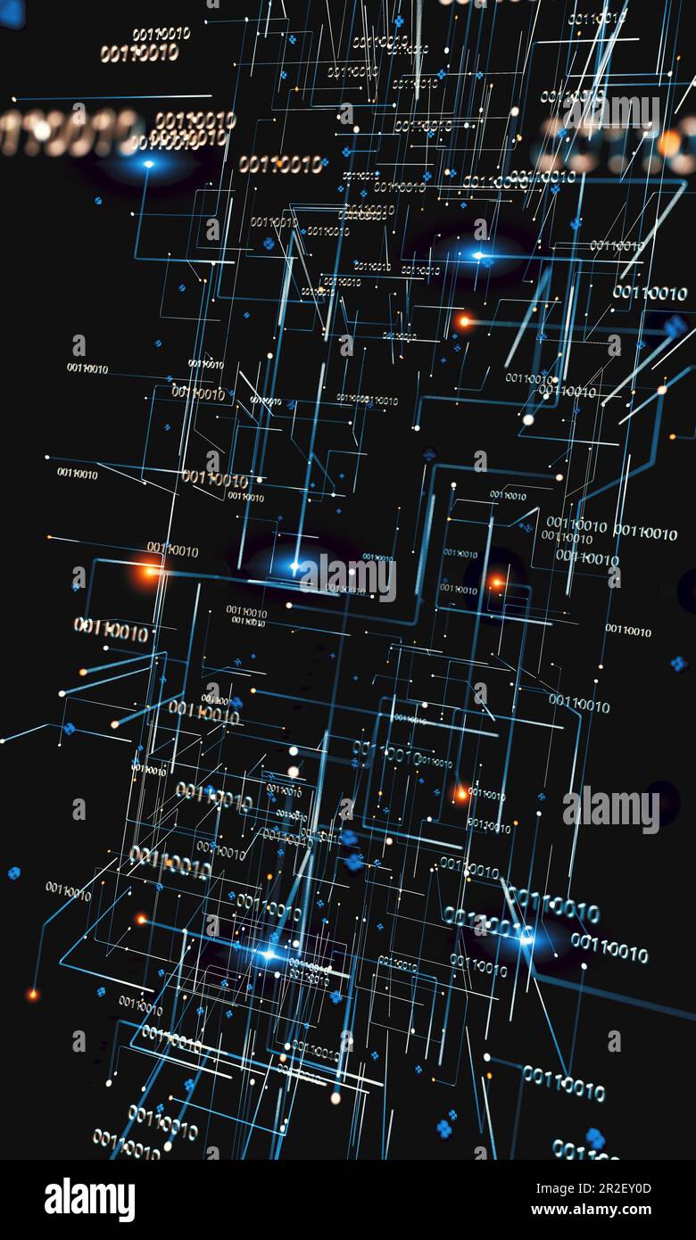 Abstrakter Hintergrund von Technologie, Wissenschaft und Cloud Computer.3d Illustration.Binärcode Konzept Muster und Big Data Struktur. Stockfoto