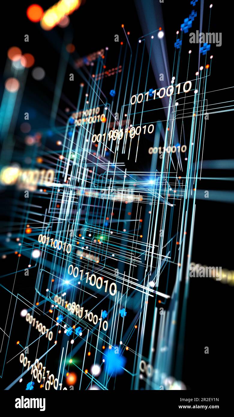 Abstrakter Hintergrund von Technologie, Wissenschaft und Cloud Computer.3d Illustration.Binärcode Konzept Muster und Big Data Struktur. Stockfoto