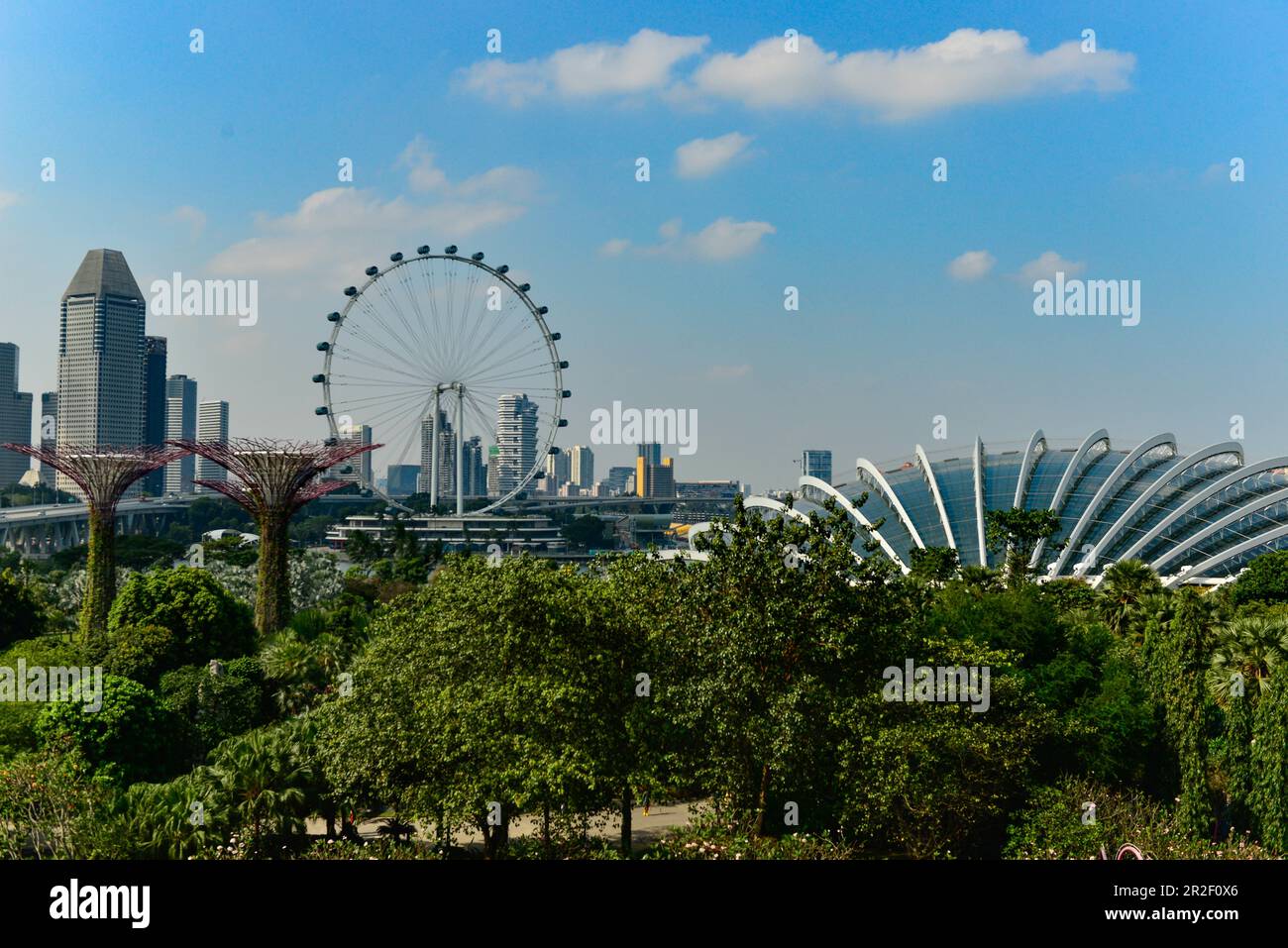 Blick auf die Halle und die Türme der Gärten an der Bucht und den Singapore Flyer, Singapur Stockfoto