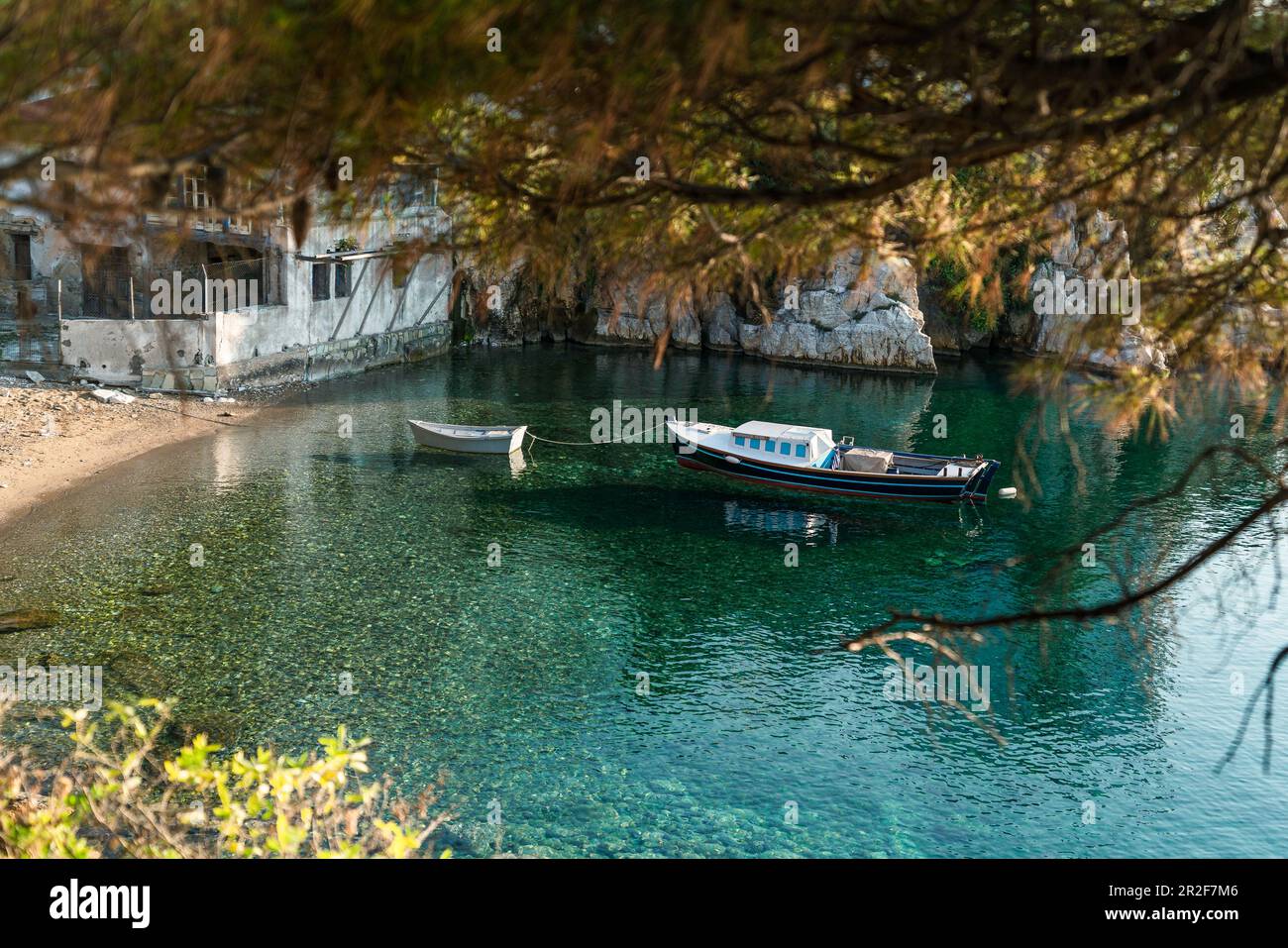 Fischerboot im türkisfarbenen Wasser vor Skiathos, Griechenland Stockfoto