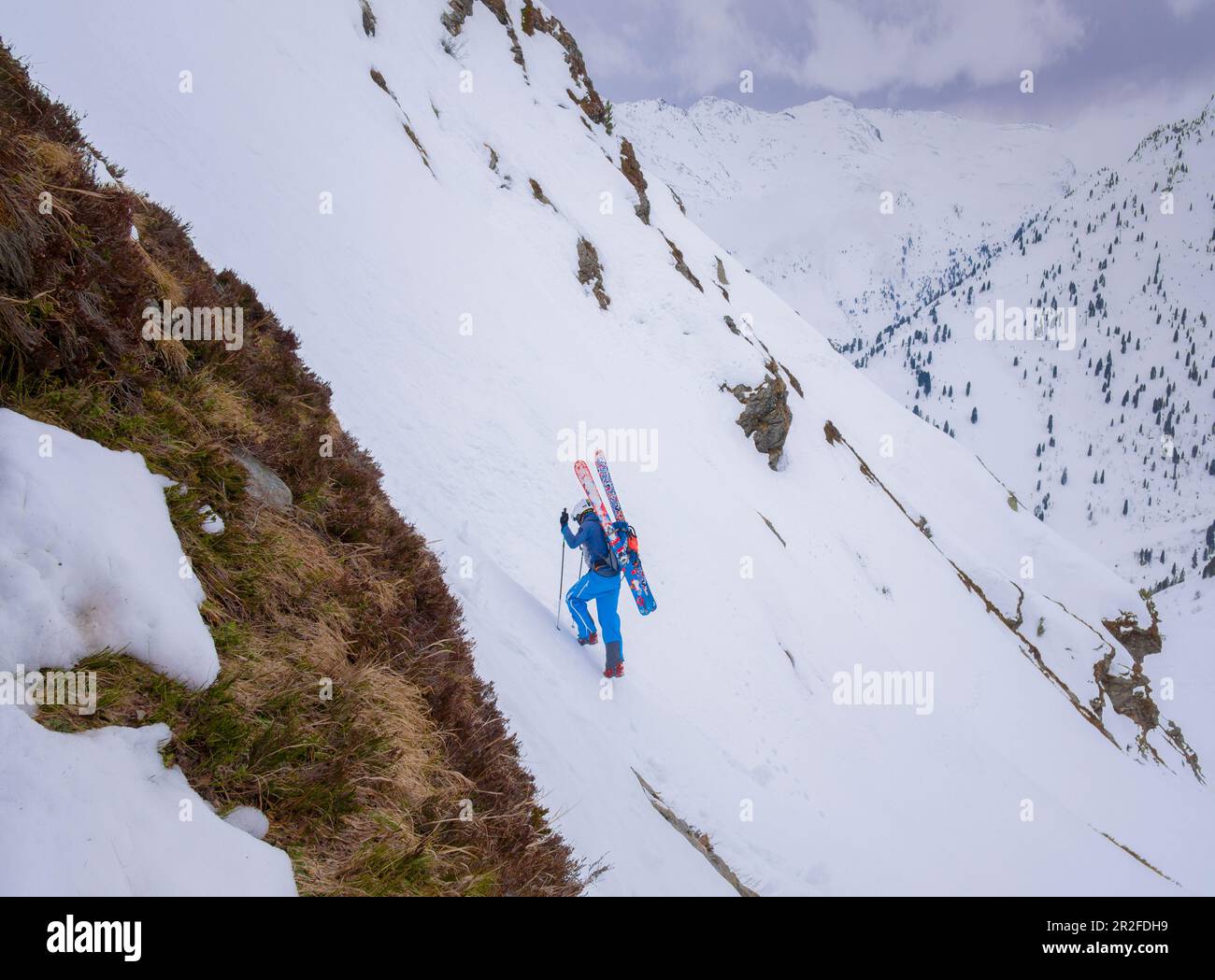Skitouristen im steilen Aufstieg in den Zillertalalpen, Hochfügen Stockfoto