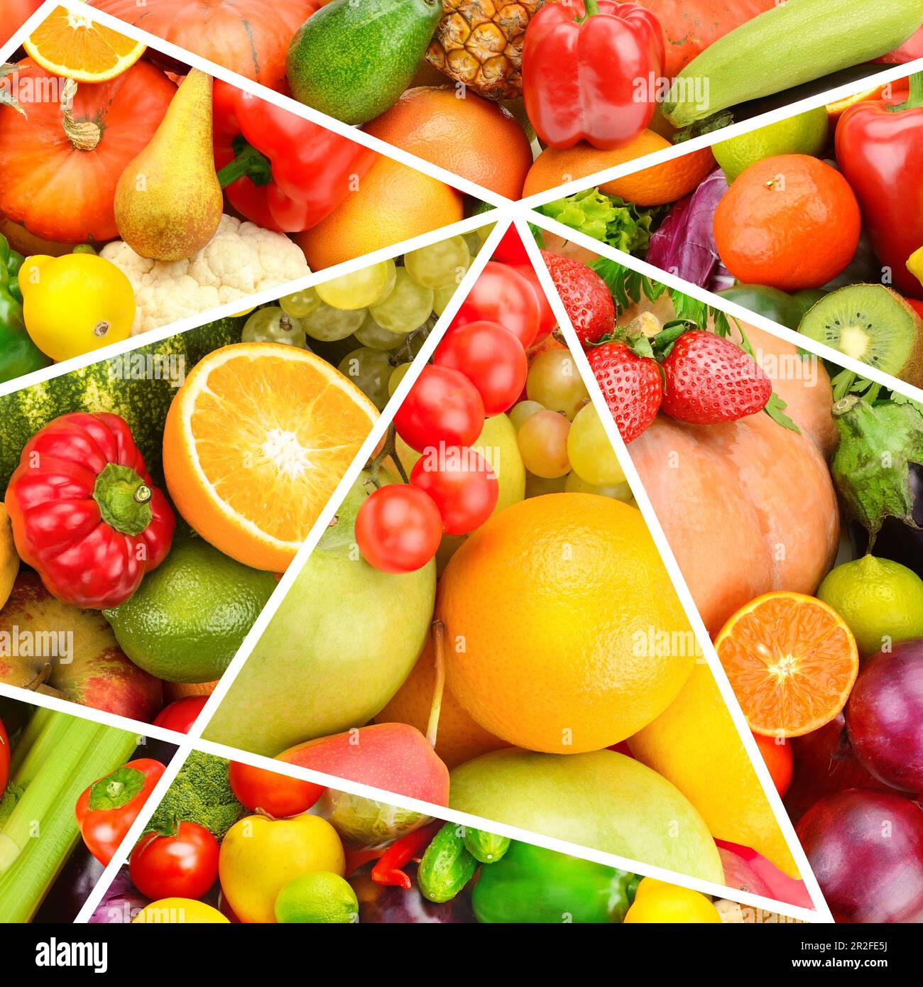 Hintergrund verschiedener Gemüse- und Obstsorten. Collage. Stockfoto