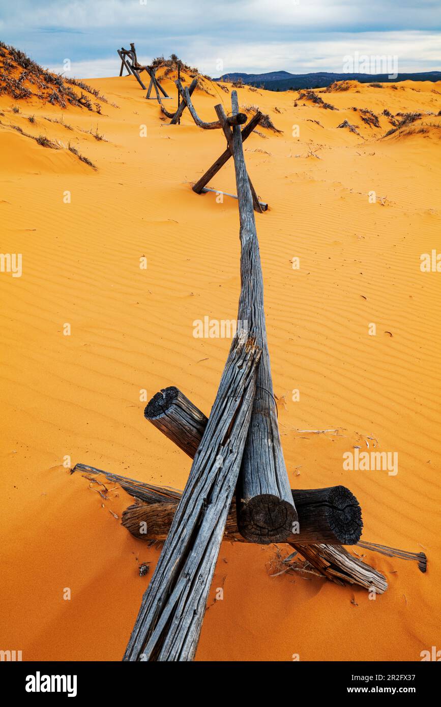 Verwitterter Wermut-Ranch-Zaun; Coral Pink Sand Dunes State Park; Utah; USA Stockfoto