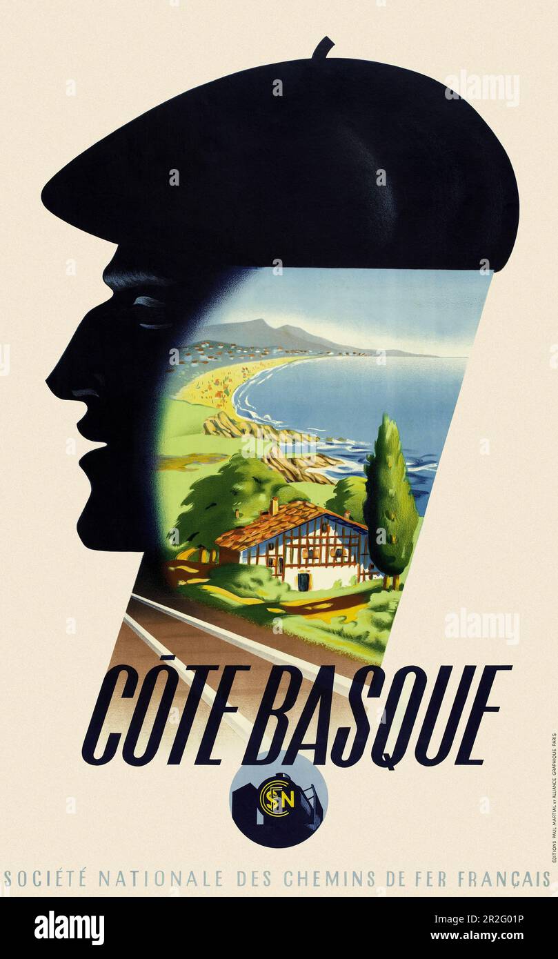 Côte Baskisch. Société nationale des chemins de fer francais von Roland Hugon (1911-...). Poster wurde 1940 in Frankreich veröffentlicht. Stockfoto