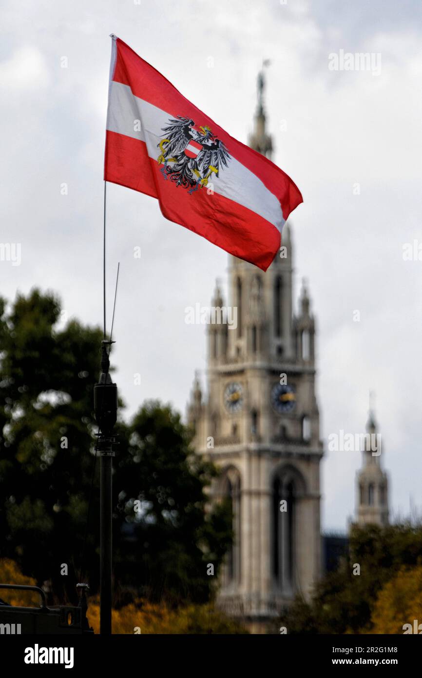Österreichische Staatsflagge vor dem Rathaus, Blick auf die Stadt, Wien, Österreich Stockfoto