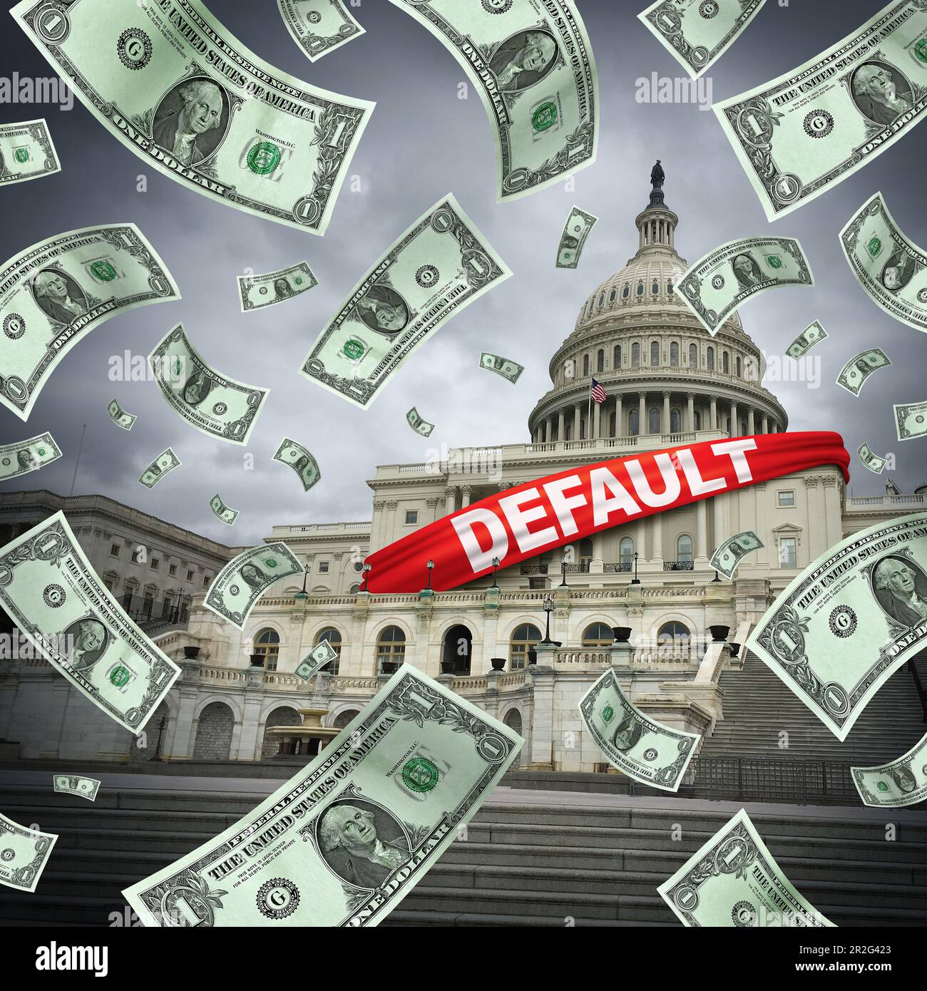 US Debt Default und die US-amerikanischen Staatsschulden als globale Finanzmarktkrise und Herausforderung für die Bankenbranche Stockfoto