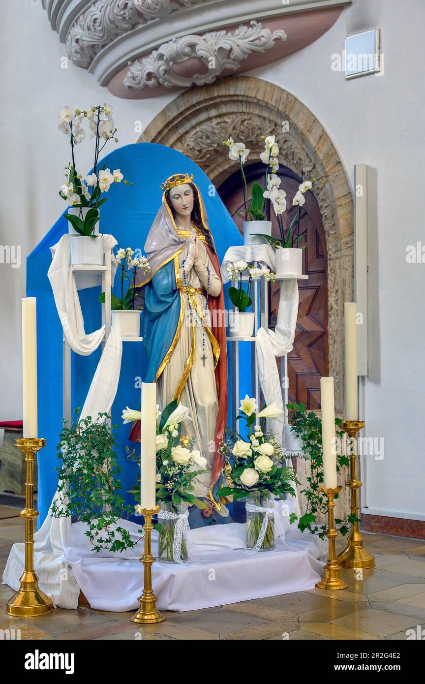 Statue der Jungfrau Maria mit Kerzen, St. Katholische Kirche Anton, Kempten, Allgaeu, Bayern, Deutschland Stockfoto