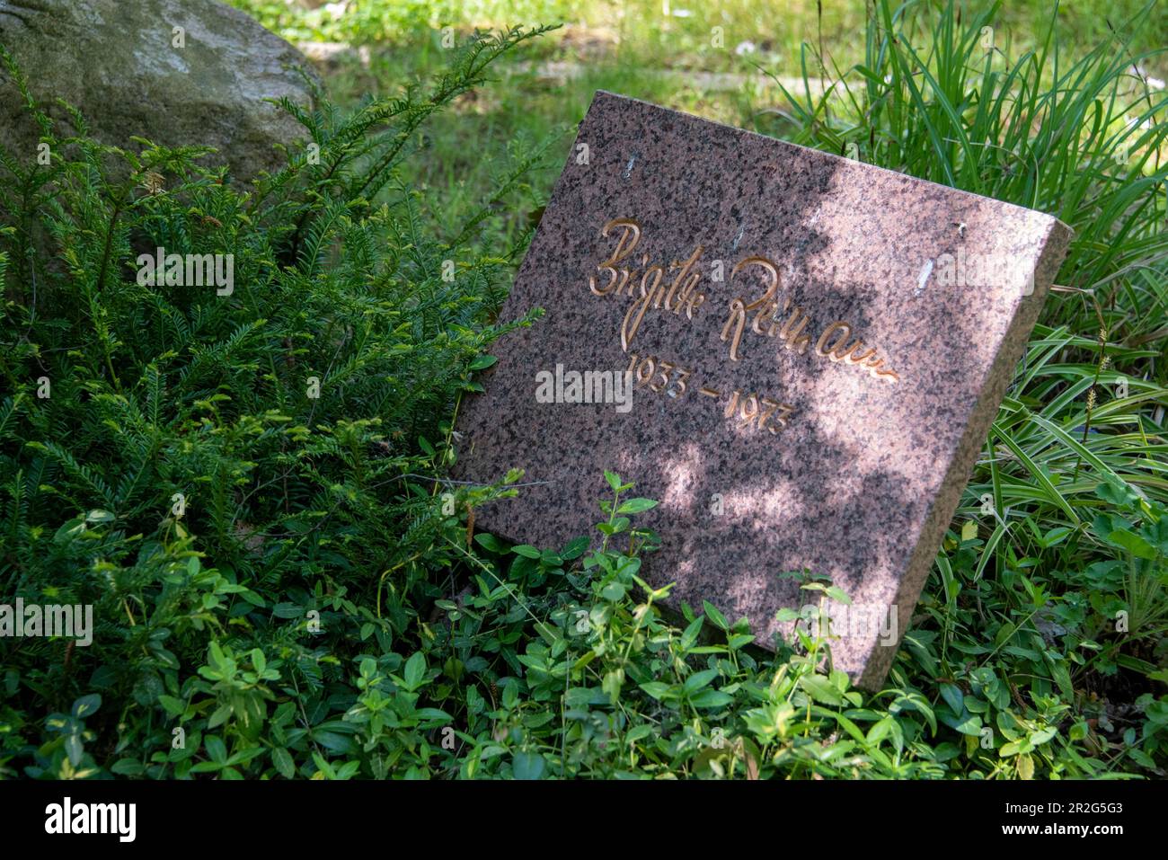 Grabstein mit Inschrift Brigitte Reimann, Schriftstellerin der DDR, lebte von 1933 bis 1973 in Burg, Sachsen-Anhalt, Deutschland Stockfoto