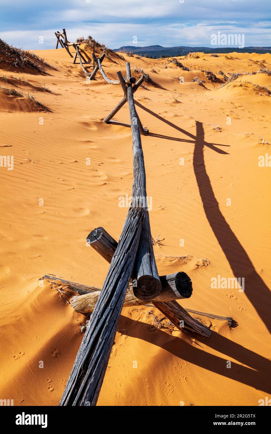 Verwitterter Wermut-Ranch-Zaun; Coral Pink Sand Dunes State Park; Utah; USA Stockfoto