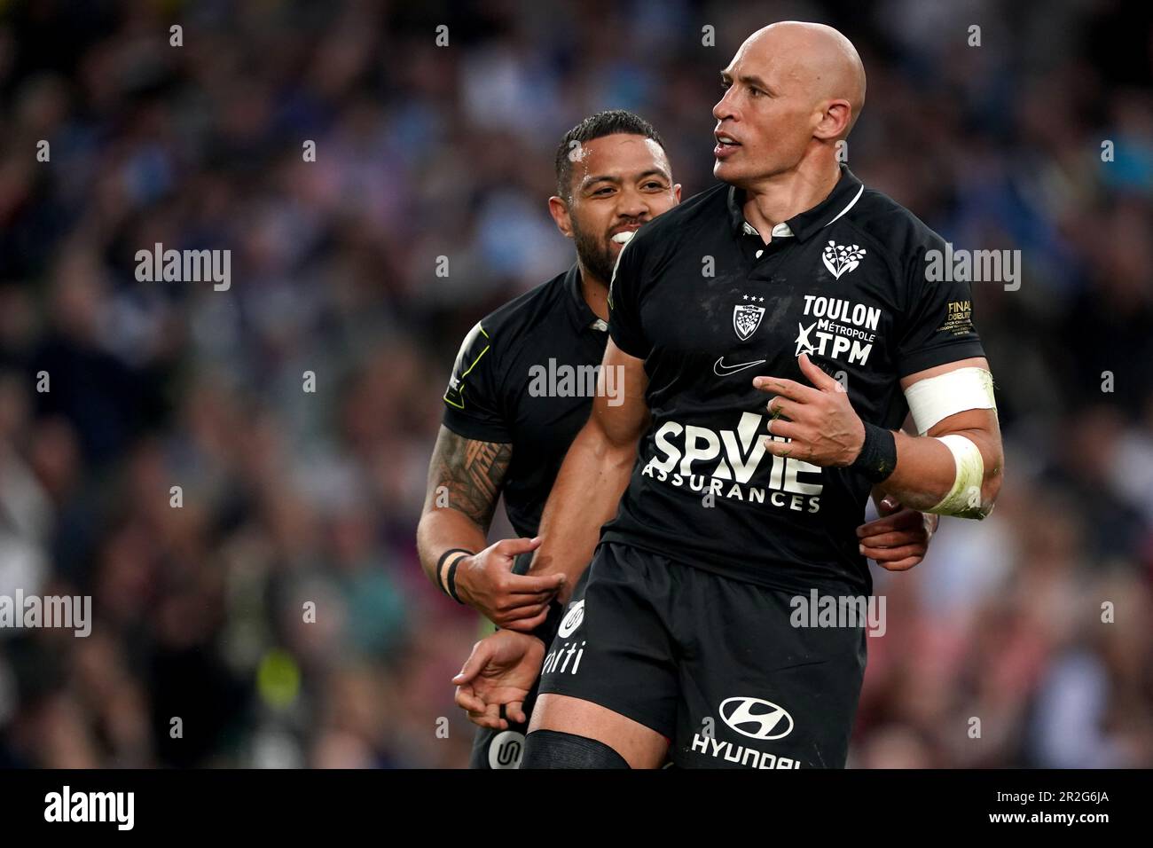 Toulons Sergio Parisse feiert ihren zweiten Versuch beim ECPR Challenge Cup-Finale im Aviva Stadium in Dublin, Irland. Foto: Freitag, 19. Mai 2023. Stockfoto